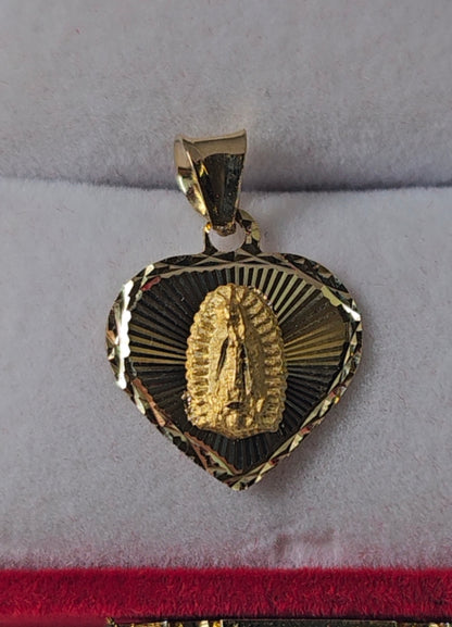 14K Gold Heart Virgin Mary Pendant - Dige Virgen de Guadalupe Corazón Oro 14K