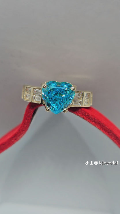 14K Gold Blue Heart Ring - Anillo 14k corazón Azul