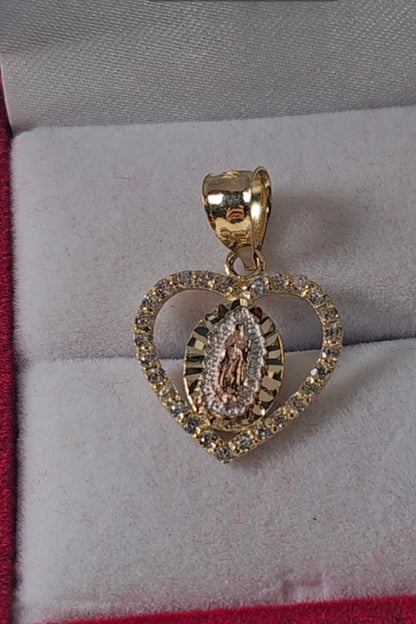 14K Gold Heart Virgin Mary Pendant - Dige Virgen de Guadalupe Corazón Oro 14K