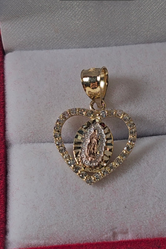 14K Gold Heart Virgin Mary Pendant - Dige Virgen de Guadalupe Corazón Oro 14K