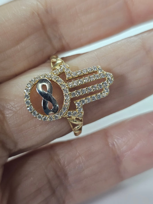 Anillo manita de fatima con infinito de 14k