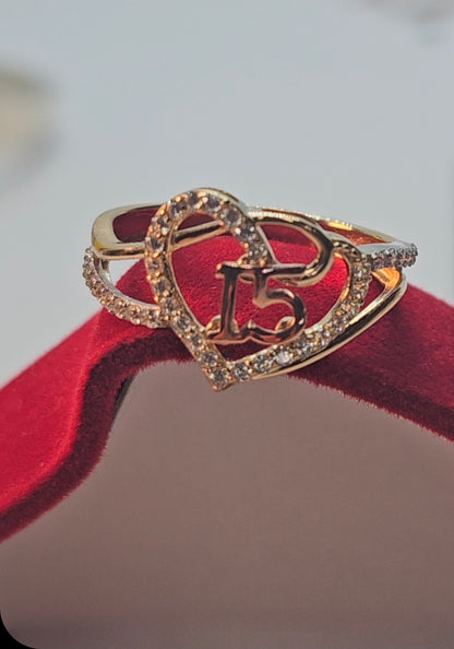 14K Gold Heart Quinceañera Ring - Anillo de 15 Años 14k