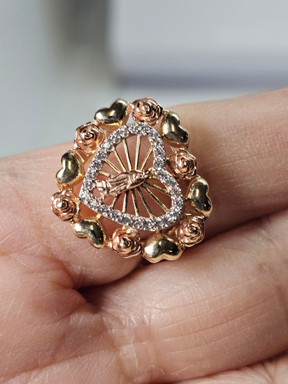 14K Tricolor Gold Virgin Mary Heart Ring - Anillo 14K de Oro Virgen de Guadalupe en forma de Corazon