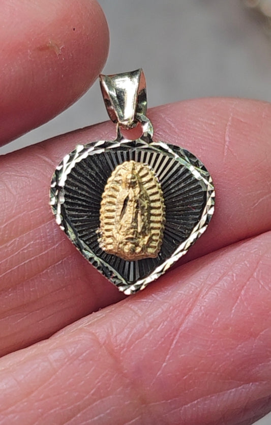 14K Gold Heart Virgin Mary Pendant - Dige Virgen de Guadalupe Corazón Oro 14K