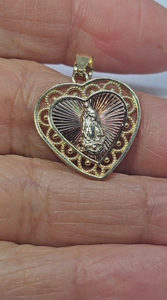 14K Gold Heart Virgin Mary Pendant - Dige Virgen de Guadalupe Corazón Oro 14K