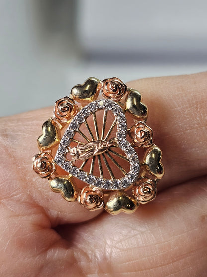 14K Tricolor Gold Virgin Mary Heart Ring - Anillo 14K de Oro Virgen de Guadalupe en forma de Corazon
