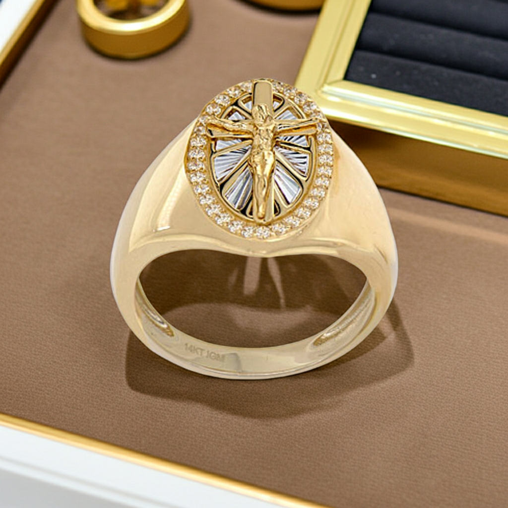 Religious Crucifix Men Ring CZ Yellow Gold 14k Size 10