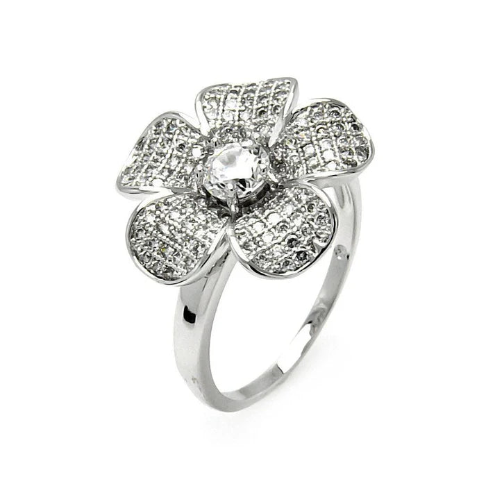 Silver 925 Rhodium Plated Clear Micro Pave Set CZ Flower Ring