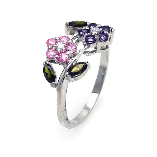 Silver 925 Rhodium Plated Multi Colored CZ Flower Ring